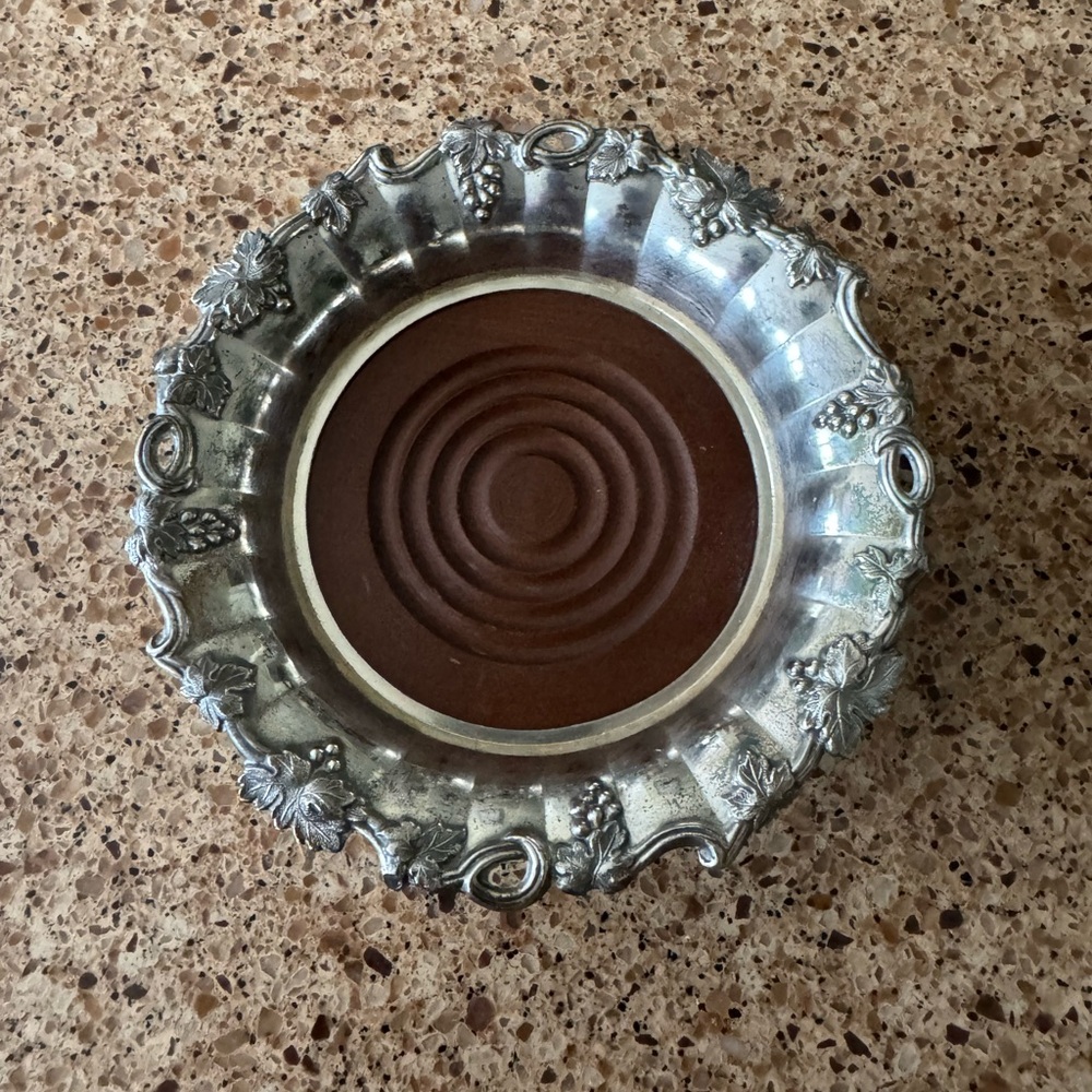 Stainless Silver Nut or Candy Dish, WINE BOTTLE COASTER Grapes Design